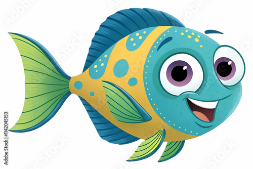 A cheerful cartoon fish with vibrant colors and big eyes, smiling happily with a playful expression, set against a simple background. photo