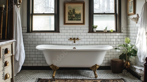 A charming vintage-modern bathroom with clawfoot tub, subway tiles, and brass fixtures blending old and new. photo