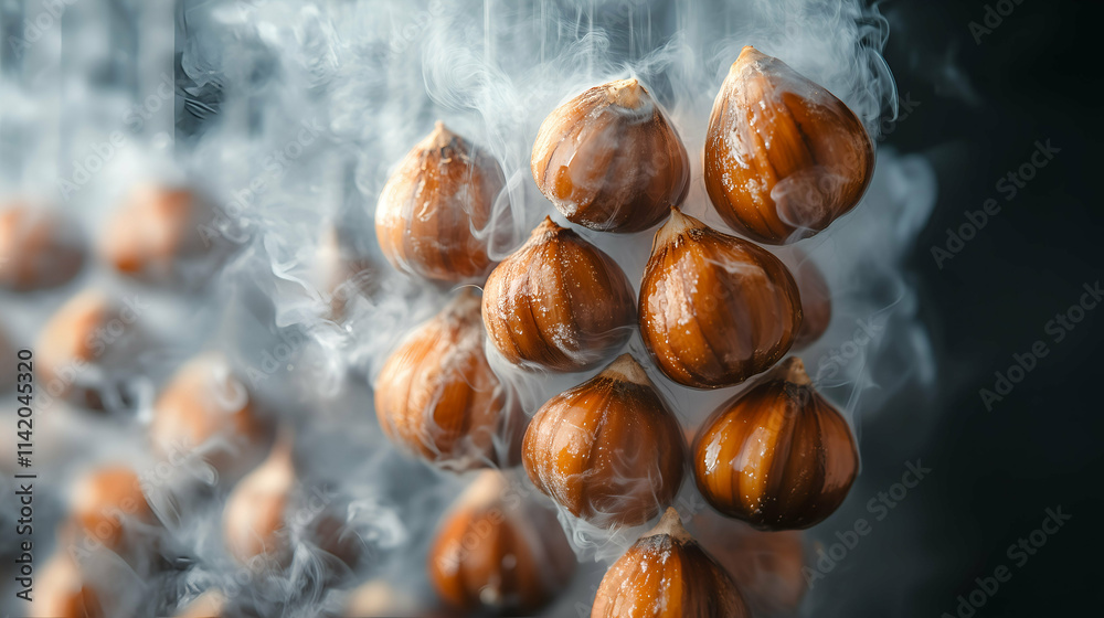 Obraz premium Steaming chestnuts with glossy brown shells in a smoky atmosphere. The rich textures and natural tones are highlighted with steam rising gently, creating a warm and seasonal food aesthetic.