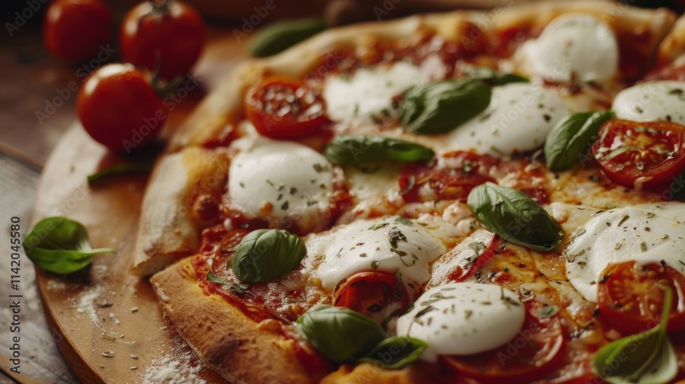 A freshly baked Italian pizza topped with mozzarella cheese and a slice being pulled away, showcasing its gooey texture.
A freshly baked Italian pizza topped with mozzarella cheese and a slice being pulled away, showcasing its gooey texture.