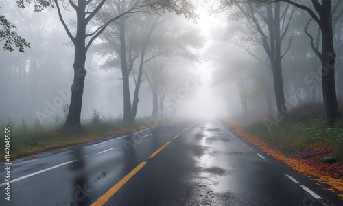 Foggy morning with blurred lower foliage and mist on the road , roadscape, veggie blur