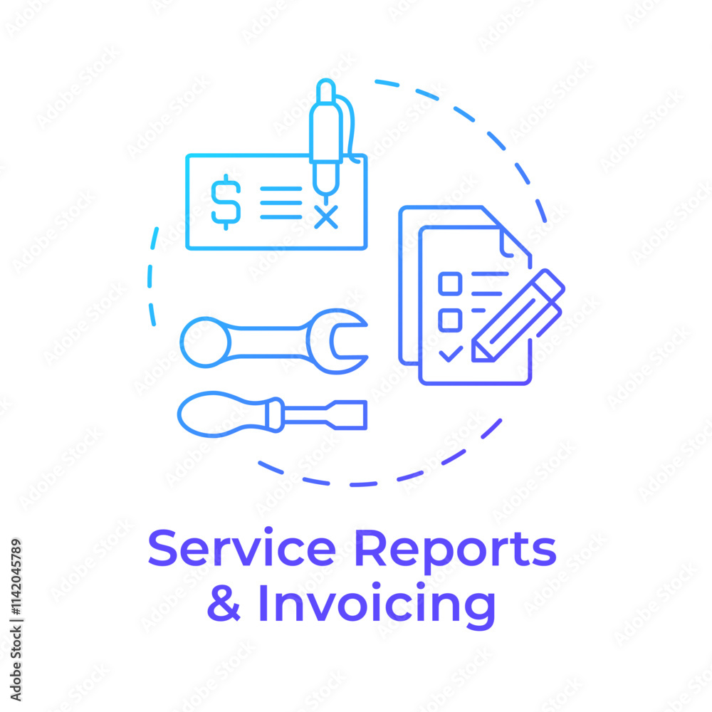 Service reports and invoicing blue gradient concept icon. Key component of FSM. Field service management. Round shape line illustration. Abstract idea. Graphic design. Easy to use in article Service reports and invoicing blue gradient concept icon. Key component of FSM. Field service management. Round shape line illustration. Abstract idea. Graphic design. Easy to use in article