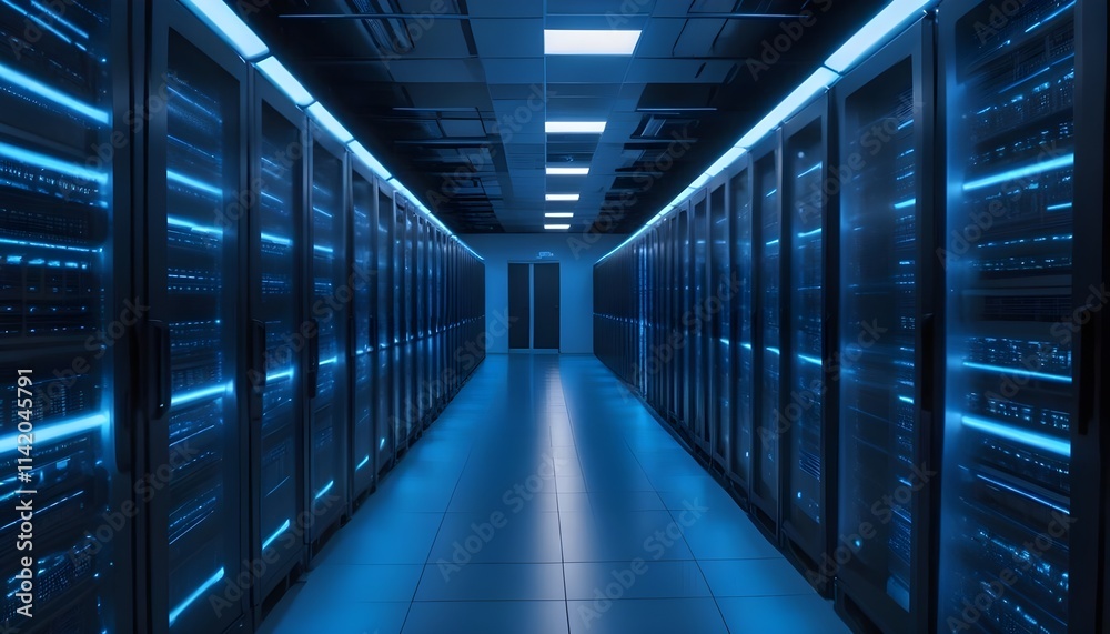 A long corridor in a data center filled with rows of server racks and glowing blue lights, creating a futuristic and high-tech atmosphere A long corridor in a data center filled with rows of server racks and glowing blue lights, creating a futuristic and high-tech atmosphere