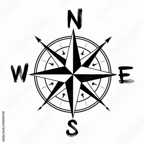 A striking black and white compass rose design featuring directional markers: North, East, South, and West, symbolizing navigation and adventure.
