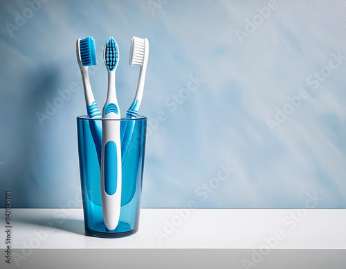 Tres cepillos de dientes en un vaso sobre una repisa de un cuarto de baño en tonos azules