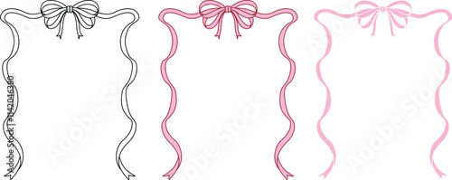 Hand drawn bow ribbon square frame with editable stroke thickness for wedding, valentines card and so on. Vector illustration.