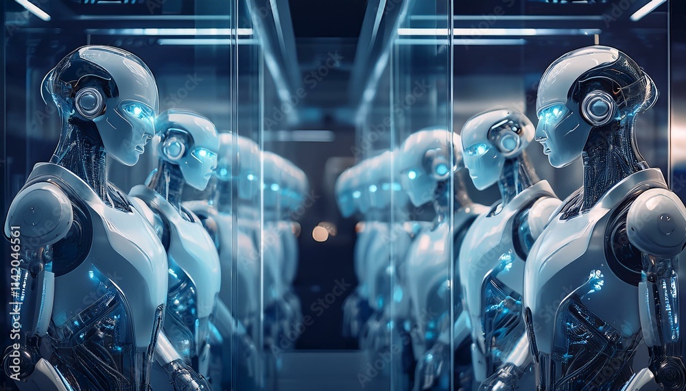 Fototapeta premium Robotic Assembly Line: Futuristic androids stand in formation, their glowing eyes reflecting a technological marvel.
