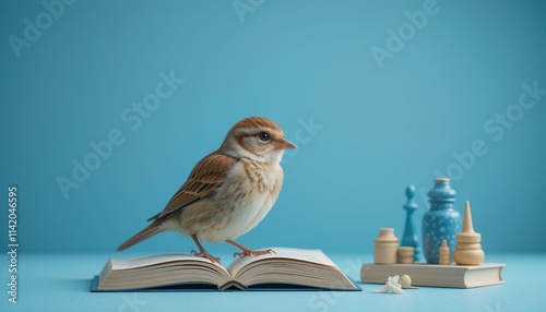 Studio shot with light blue background, a sparrow posing on a reading book photo