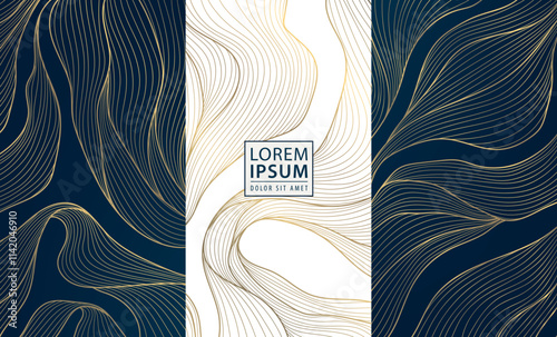 Vector set of abstract wave golden line patterns, art deco fancy art posters, japanese luxury design graphic. Wine package, wedding invitation