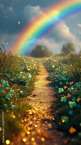 Pathway under a vibrant rainbow in nature.