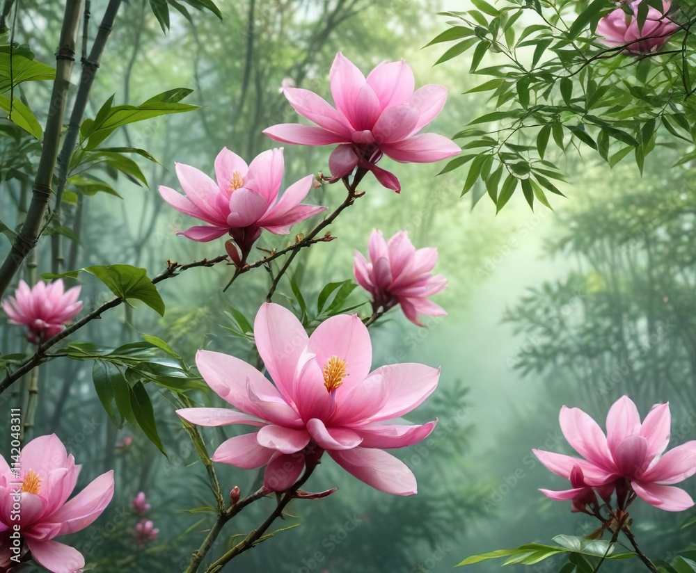 Obraz premium Delicate Asian pink magnolia flower blossom amidst lush bamboo leaves in a serene watercolor landscape, serenity, watercolor