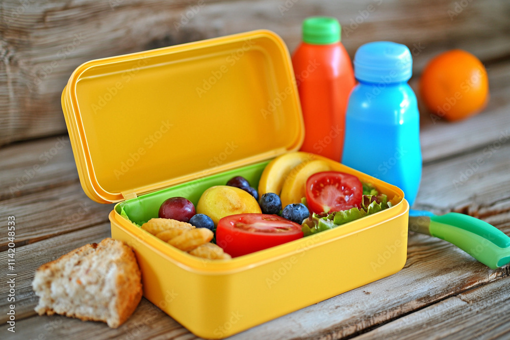 Balanced lunch box preparation on a wooden table Balanced lunch box preparation on a wooden table