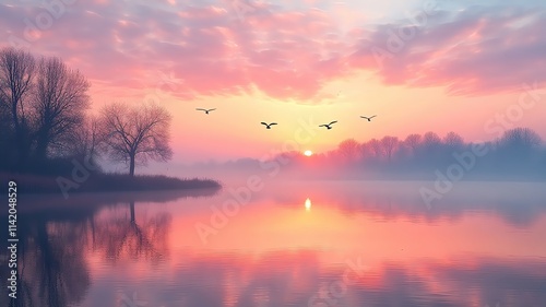 Serene sunset over tranquil lake with flying birds.