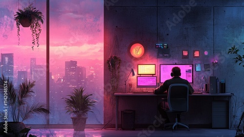 person working at desk in modern office with city view, surrounded by plants and colorful lighting, creating vibrant atmosphere