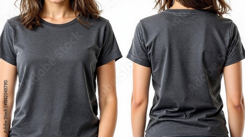 Woman in gray color t-shirt on white background