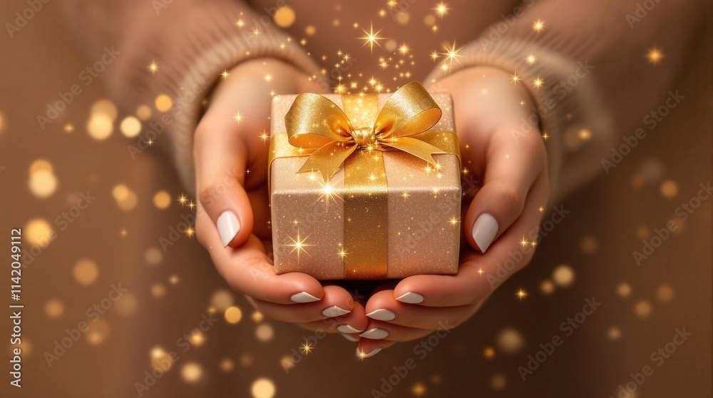 Woman’s hands is holding gift with golden ribbon Woman’s hands is holding gift with golden ribbon