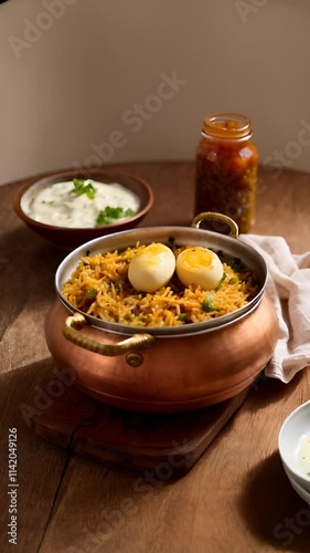 traditional biryani served in a copper pot with boiled eggs, raita, and pickles photo