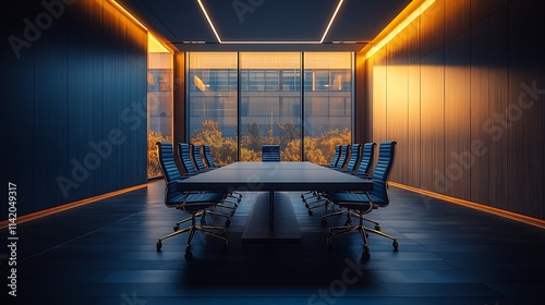 Modern Conference Room with Evening City View