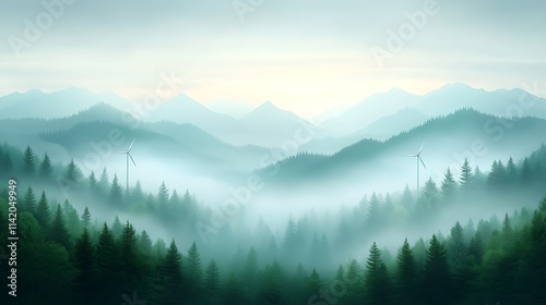 Aerial view of serene misty mountains with wind turbines stunning digital art landscape