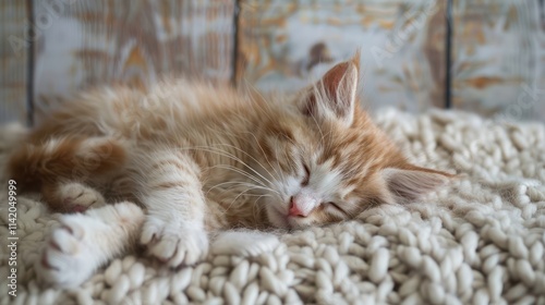 The kitten washes. Portrait woken kitty. Kitten washes his paw, seen to fall, the language. Paw pink. Cat fluffy, white with red. Kitten funny. Background wooden board. The cat lies on a knitted rug photo