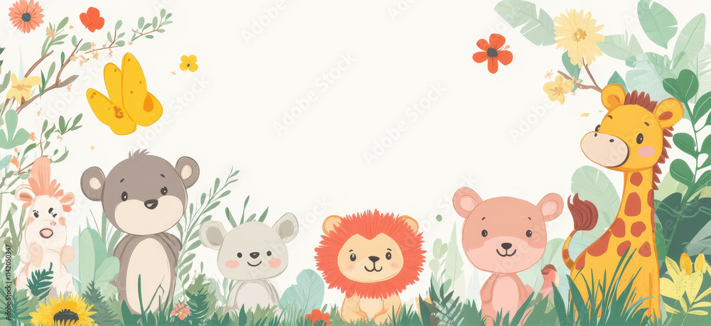 Fototapeta premium Cartoon Animal Border Background - A Whimsical Frame for Colorful and Playful Scenes. The Adorable Cartoon Animals Forming the Border, with Their Cheerful Expressions and Cute Shapes 