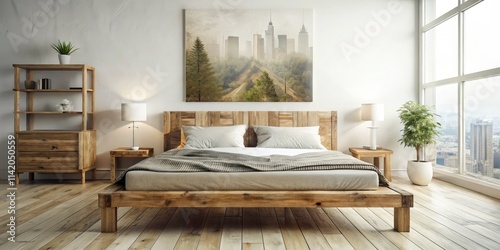 Rustic wood bed  crisp white walls  Scandinavian serenity. Ample copy space.