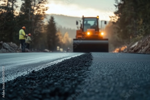 Road construction crew working diligently on a mountain road, laying down a fresh layer of asphalt with a road roller as the sun sets, casting a warm glow over the scenic landscape