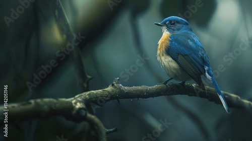 The Tickell's Blue Flycatcher on a branch photo