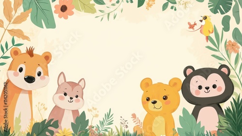 Cartoon Animal Border Background - A Whimsical Frame for Colorful and Playful Scenes. The Adorable Cartoon Animals Forming the Border, with Their Cheerful Expressions and Cute Shapes 