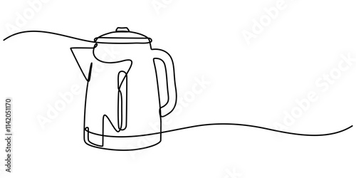 Kettle. Icon. Vector drawing. One line art. A simple drawing of a continuous line of a kitchen electric appliance, one continuous line drawing of kettle isolated on white background. cooking pro.