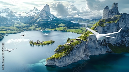 Futuristic aircraft flying over a stunning alpine lake and mountain landscape. photo