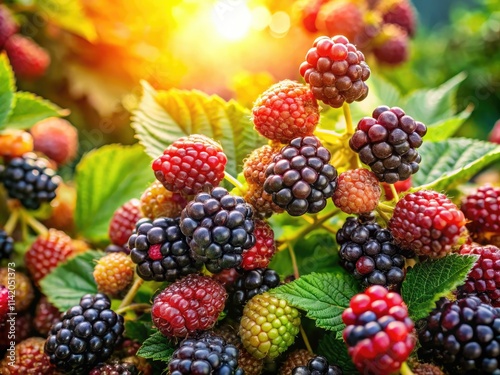 Soaring above, juicy blackberries carpet the summer landscape; a high-resolution aerial feast for the eyes. photo