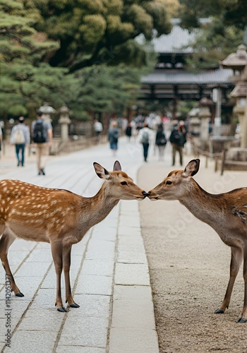  A lively scene in Nara Park where a group of deer surrounds a surprised visitor holding shika senbei, creating a playful and chaotic moment.
 photo