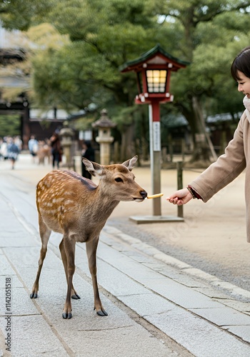  A lively scene in Nara Park where a group of deer surrounds a surprised visitor holding shika senbei, creating a playful and chaotic moment.
 photo