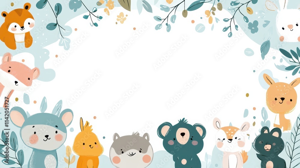 Fototapeta premium Cartoon Animal Border Background - A Whimsical Frame for Colorful and Playful Scenes. The Adorable Cartoon Animals Forming the Border, with Their Cheerful Expressions and Cute Shapes
