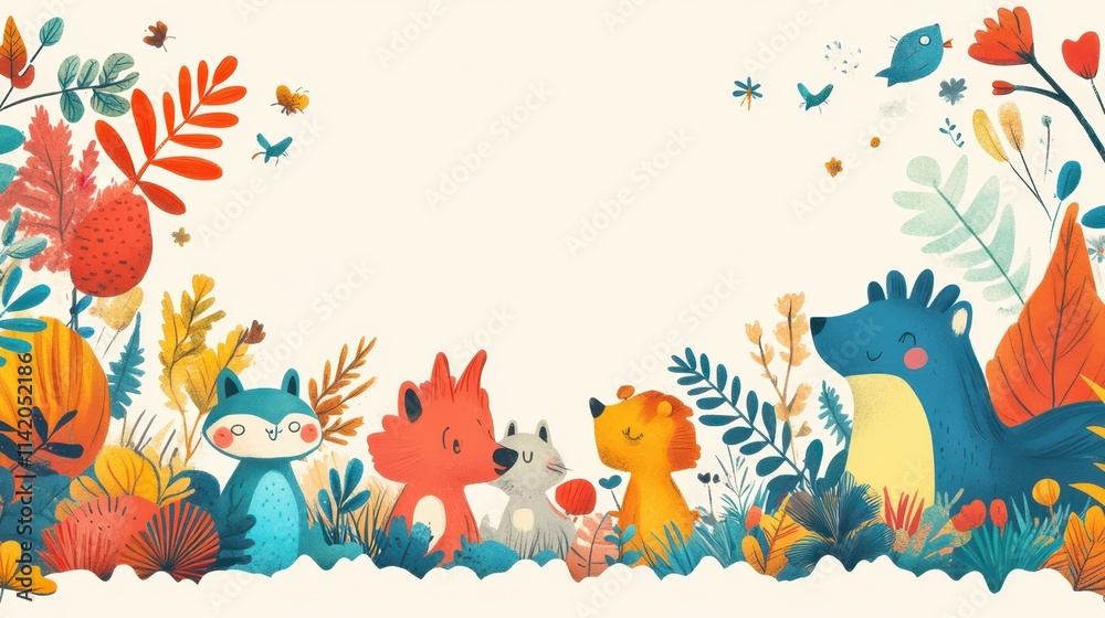 Fototapeta premium Cartoon Animal Border Background - A Whimsical Frame for Colorful and Playful Scenes. The Adorable Cartoon Animals Forming the Border, with Their Cheerful Expressions and Cute Shapes