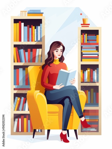 Woman immersed in reading a book on a cozy yellow armchair, surrounded by colorful bookshelves, epitomizing the joy of learning and the comfort of a personal library.
