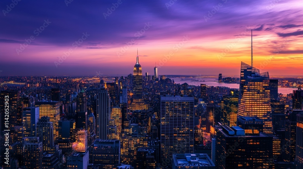 Obraz premium Bright glowing lights of district in megapolis under dusk sky in evening on blurred background