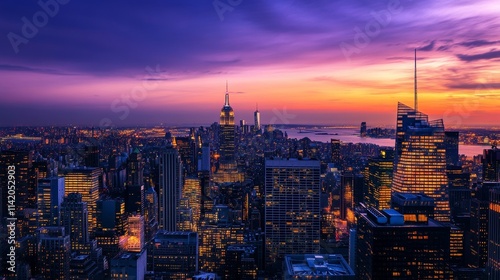 Bright glowing lights of district in megapolis under dusk sky in evening on blurred background