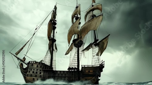 A majestic 17th century sailing ship on a stormy ocean in the evening