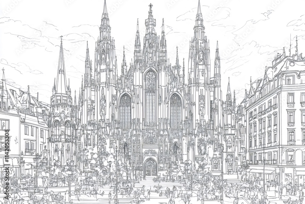 Intricate line art of the votive church in Austria, perfect for coloring and artistic projects Intricate line art of the votive church in Austria, perfect for coloring and artistic projects