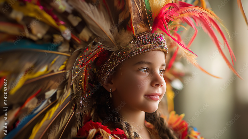 This girl in a bright costume and feather headdress gazes thoughtfully in natural light. This girl in a bright costume and feather headdress gazes thoughtfully in natural light.