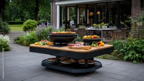 Black outdoor grill with wood shelves features fresh vegetables, set in a lush green area near a house, ready for cooking meat outdoors