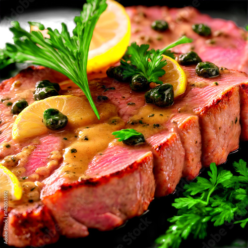 Veal piccata pan seared veal lemon caper sauce parsley garnish vibrant colors Culinary and Food photo