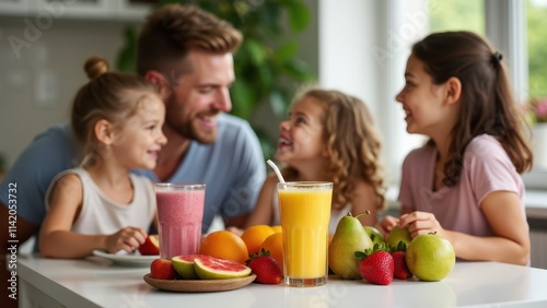 A family enjoying homemade smoothies at a breakfast table, with vibrant fruit ingredients displayed nearby