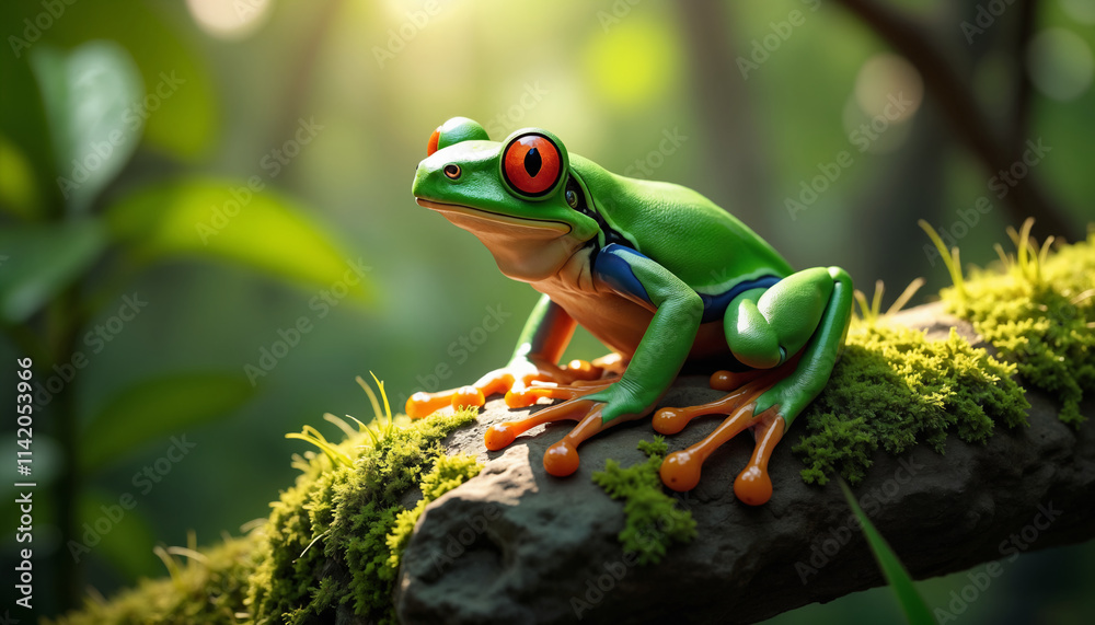 Vibrant Green Frog on a Mossy Log in Nature Vibrant Green Frog on a Mossy Log in Nature