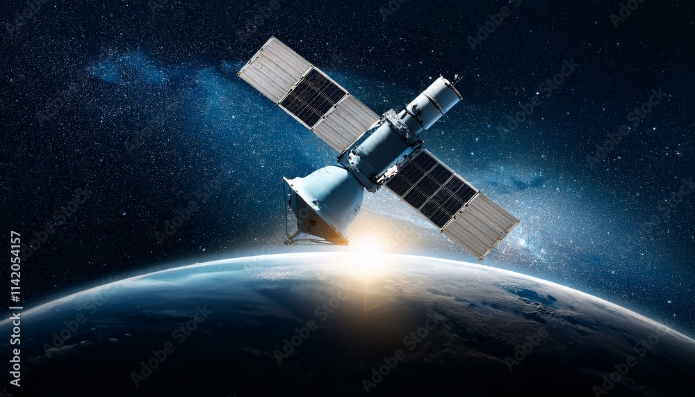 A satellite floating in dark space illuminates the curved surface of the Earth, emitting brilliant light. A satellite floating in dark space illuminates the curved surface of the Earth, emitting brilliant light.