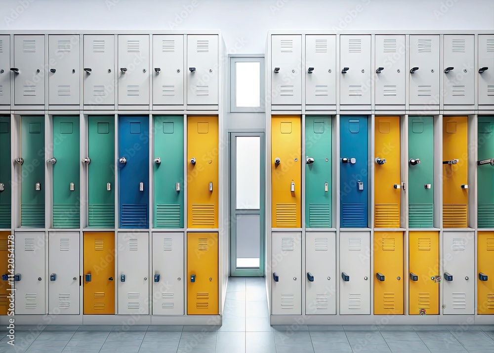 Modern school lockers: a minimalist aerial shot. White backdrop, sharp lines, clean aesthetic. Modern school lockers: a minimalist aerial shot. White backdrop, sharp lines, clean aesthetic.