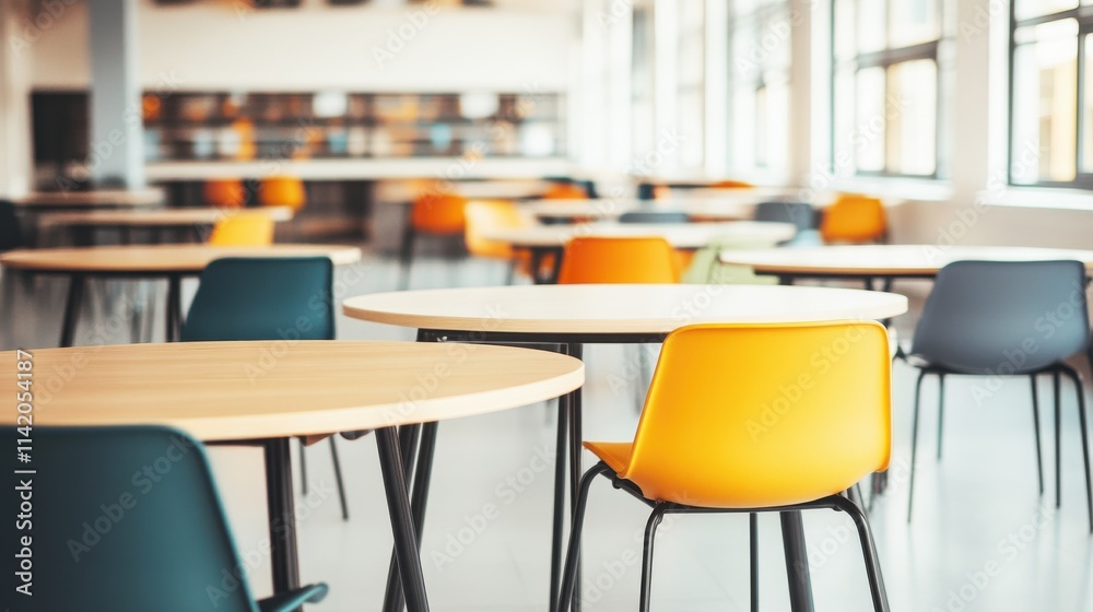A modern, brightly lit space featuring wooden tables and colorful chairs, creating an inviting atmosphere for collaboration and socializing. A modern, brightly lit space featuring wooden tables and colorful chairs, creating an inviting atmosphere for collaboration and socializing.