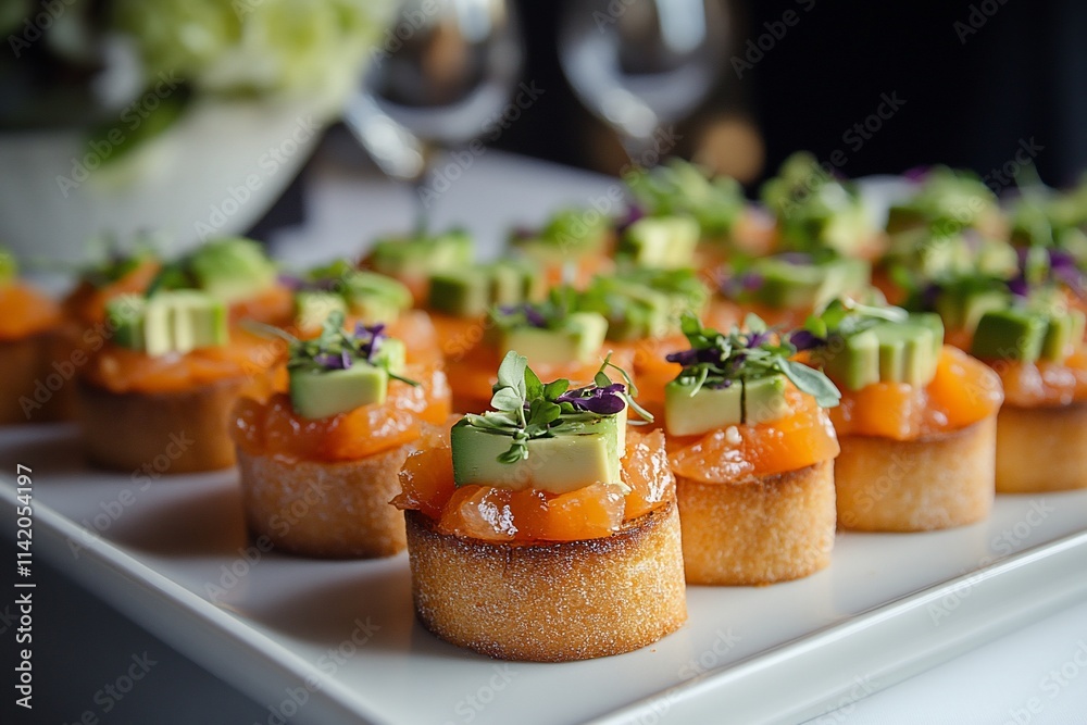 Delicious salmon and avocado canapés arranged on a white platter. Delicious salmon and avocado canapés arranged on a white platter.